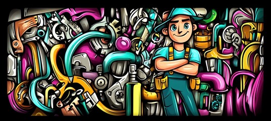 A colorful illustration featuring a smiling worker amidst various mechanical parts and tools.