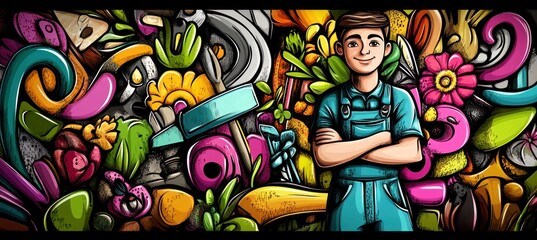Obraz premium A cheerful person stands amidst colorful gardening tools and flowers, promoting gardening joy.