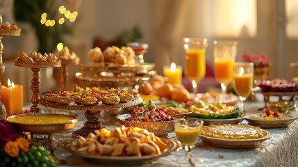 Naklejka premium A table beautifully set for Diwali dinner, showcasing an array of colorful dishes, desserts, and beverages