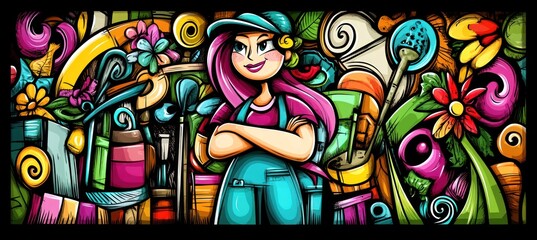 Obraz premium A colorful illustration of a confident woman surrounded by vibrant flowers and gardening tools.
