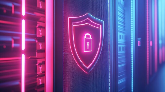 A digital illustration of a secure server room with a shield and padlock symbol.