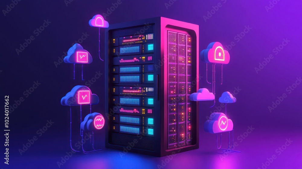 Wall mural A futuristic server rack surrounded by cloud icons, representing data storage and security.