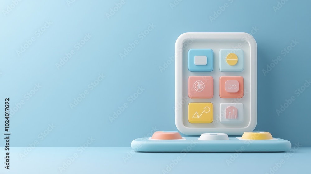 Poster a colorful toy with buttons designed for children's learning and play.