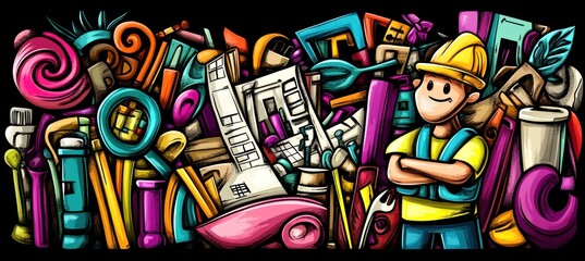 A colorful illustration featuring a construction worker surrounded by various tools and materials.