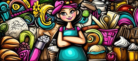 A cheerful baker stands amidst a colorful array of baked goods and confections.