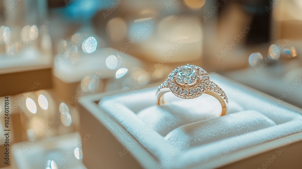 Poster A sparkling diamond ring displayed elegantly on a plush cushion, surrounded by soft lighting.