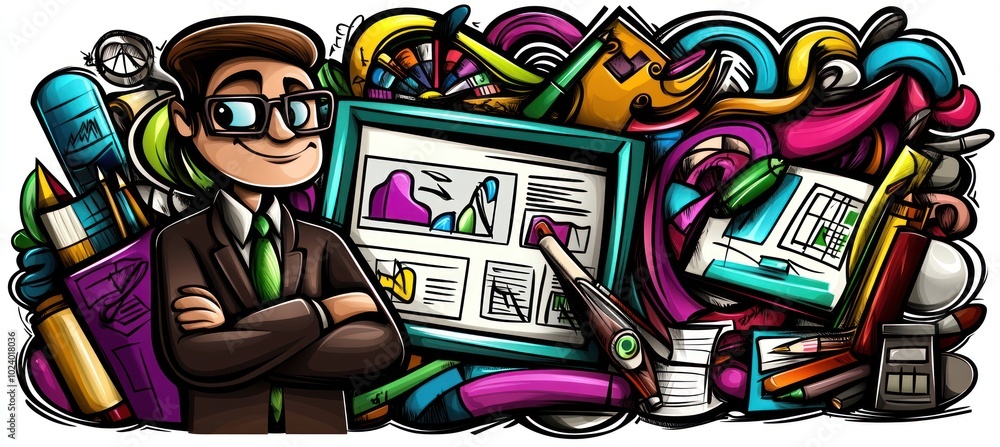 Poster A stylized illustration of a professional with charts and creative tools, symbolizing data analysis.