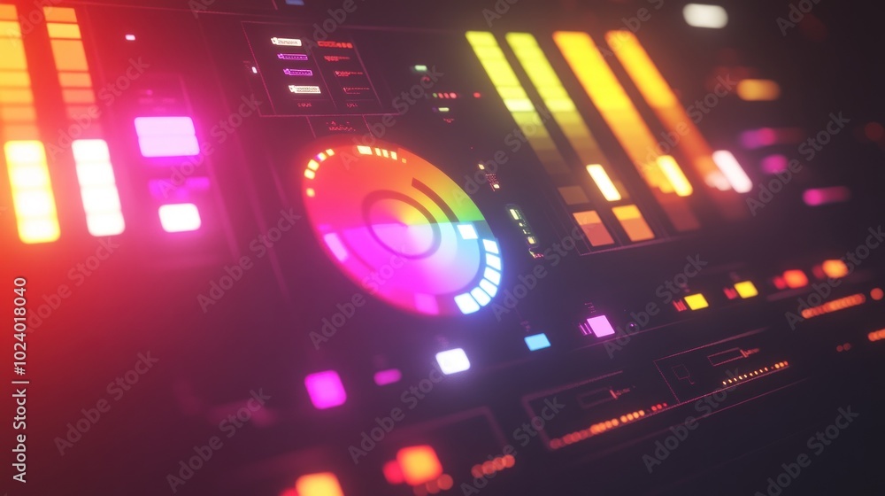 Poster a vibrant digital interface featuring colorful controls and displays for creative software.