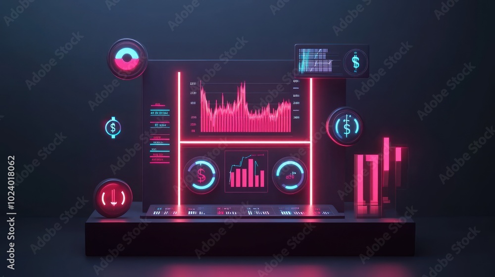 Aufkleber futuristic data visualization with graphs and financial indicators in neon colors.