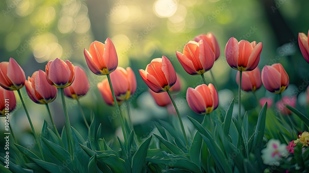 Wall mural Tulips blooming in a coniferous garden, a close-up view of their vibrant colors standing out against the soft greens of the spring landscape.