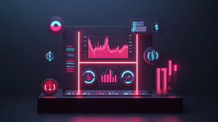 Futuristic data visualization with graphs and financial indicators in neon colors.