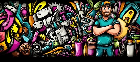 A colorful illustration of a man surrounded by various tools and materials, symbolizing creativity.