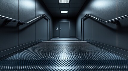 Obraz premium A dark, narrow, and deserted corridor with a door at the end and metal handrails on both sides.