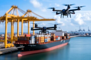 Futuristic shipping ports, where automated cranes load and unload electric cargo ships, while drones monitor for security and efficiency