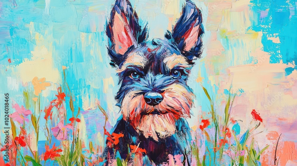 Canvas Prints A colorful painting of a dog surrounded by flowers, showcasing vibrant artistry.