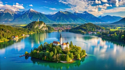 Obraz premium High angle view of Lake Bled with St Marys Church of Assumption and Karawank mountain range
