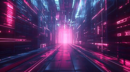 Abstract, futuristic city of concrete and neon. Night city view, illumination. Dark street, abstract scene, neon rays. 3D illustration. 