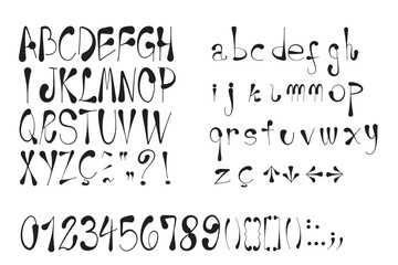 Upper and lower case letters, numbers and symbols in a single font. Isolated on transparent background.