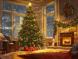 A cozy Christmas scene with a decorated tree, gifts, and a warm fireplace.