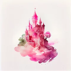 Pink fairy tale castle floating in the sky in a whimsical watercolor art style