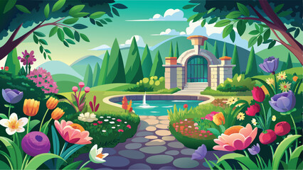 Obraz premium Serene Garden and Flowers Vector Art Blooming Plants in a Beautiful Background Illustration Design