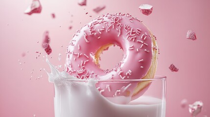 A pink glazed donut with sprinkles falls into a glass of milk, creating a splash.