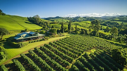 Aerial View of a Lush Coffee Plantation: A Scenic Landscape Featuring Rows of Coffee Plants and a Charming Farmhouse