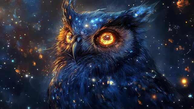Mystical Cosmic Owl Animation Seamless Loop Background Video
