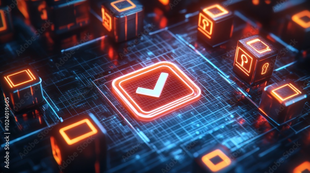 Poster a digital interface featuring a glowing checkmark amidst interconnected data blocks.