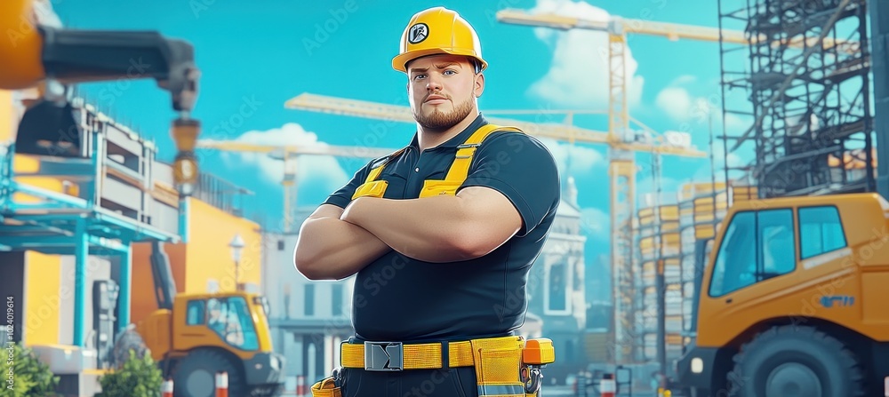 Poster a construction worker poses confidently on a building site with machinery and cranes in the backgrou