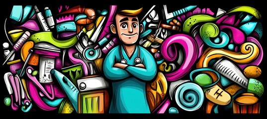 Obraz premium A colorful illustration featuring a confident healthcare professional surrounded by medical items.