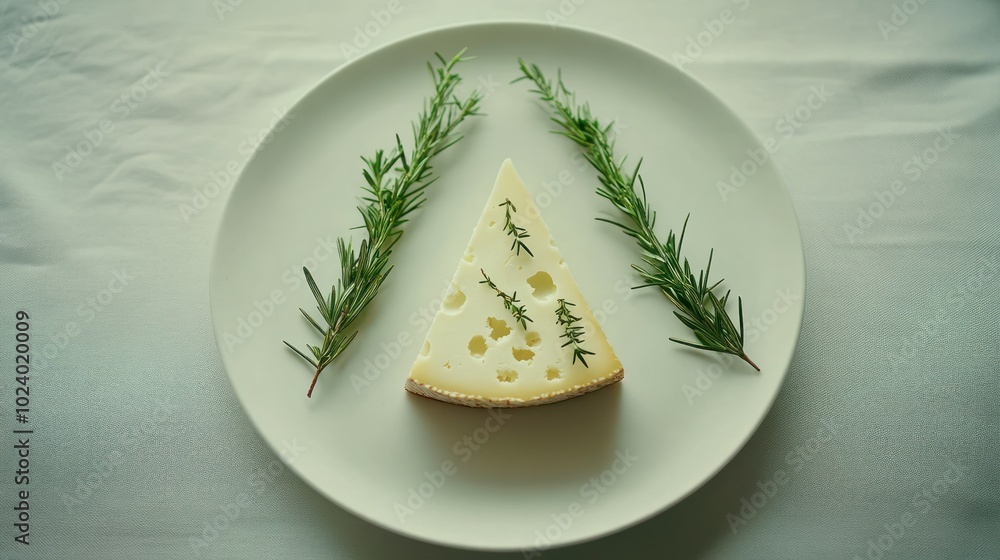 Canvas Prints A slice of cheese garnished with rosemary on a white plate.