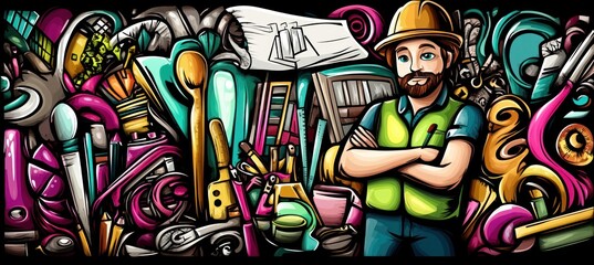 Obraz premium A colorful illustration featuring a builder amidst various tools and construction items.