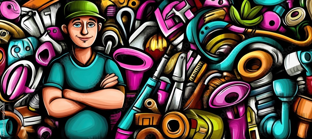 Poster a colorful illustration featuring a smiling man surrounded by various tools and objects.