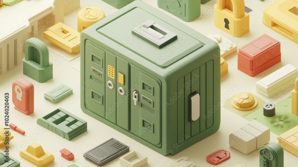 Poster a stylized safe surrounded by various locks and security-themed objects.
