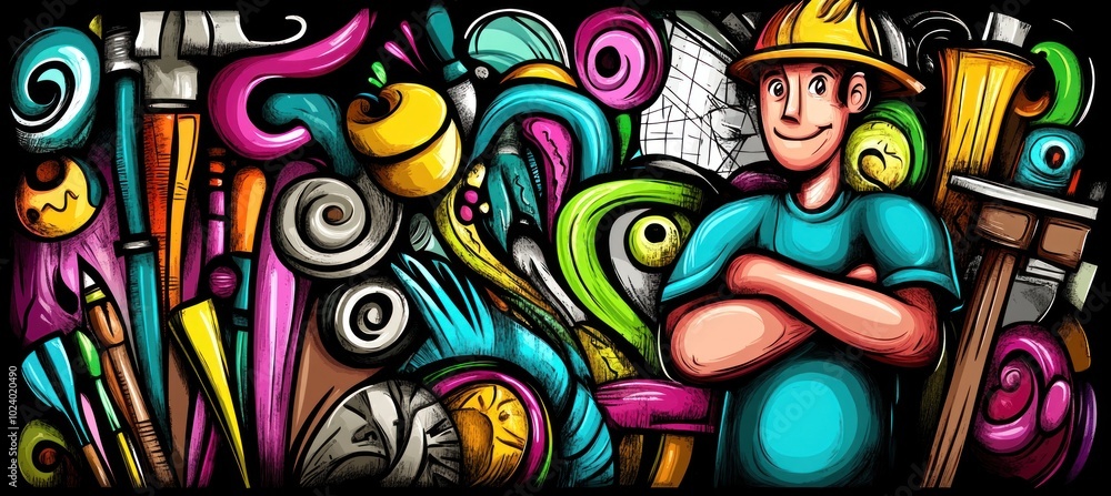 Poster a colorful illustration featuring a smiling worker surrounded by various tools and artistic elements