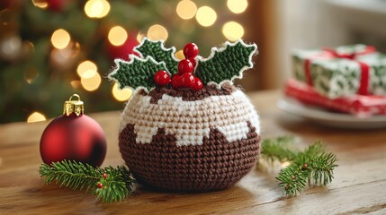 Crocheted Christmas pudding decoration with holly on wooden table, holiday ambiance, seasonal joy, soft focus background.