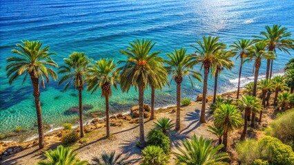 Obraz premium High angle view of palm trees and pine trees along the Mediterranean Sea coastline