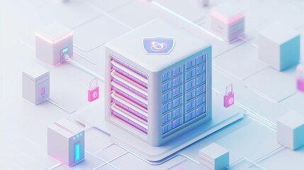 Fototapeta premium A stylized data center with security features and network connections.