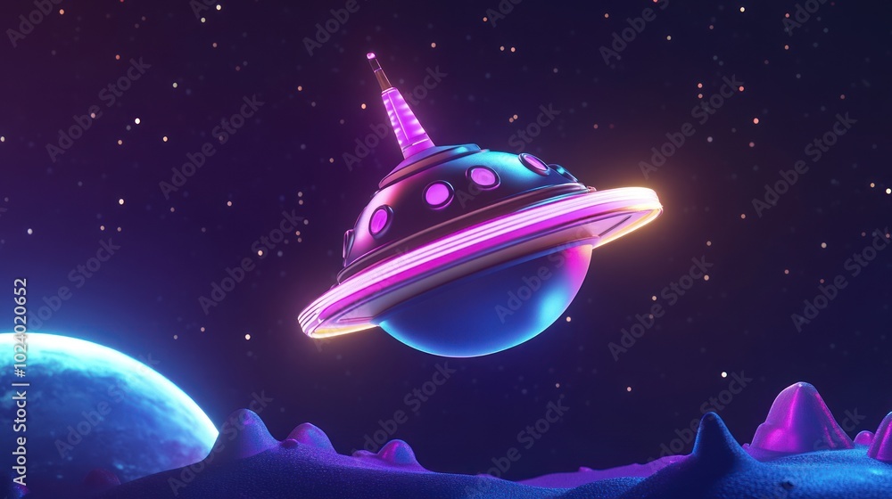 Poster a futuristic spaceship hovering above a colorful planetary landscape in outer space.