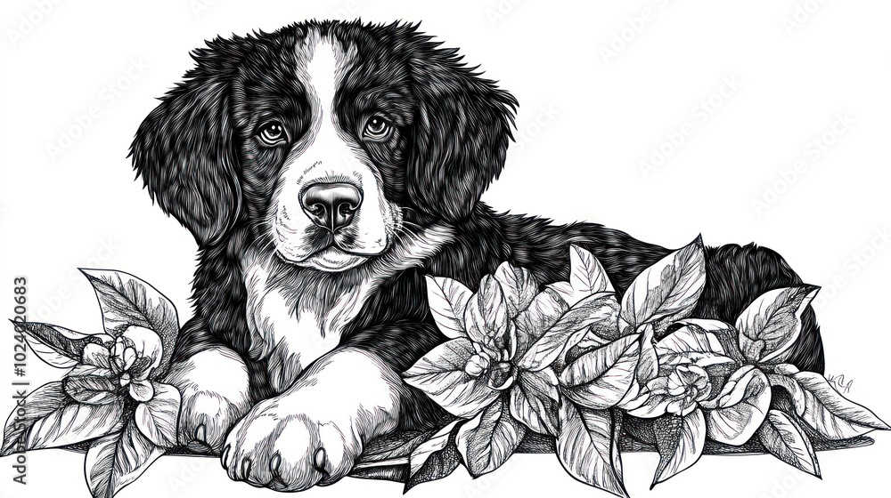 Wall mural A detailed illustration of a puppy surrounded by flowers, showcasing artistic design.