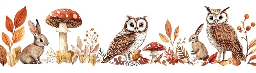 Obraz premium Whimsical illustration of owls, rabbits, and mushrooms with autumn foliage on a white background.