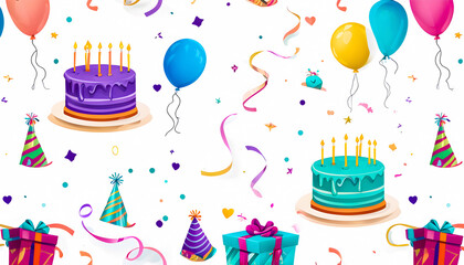 Colorful Birthday Cakes and Balloons Celebration in Kids Drawing Style