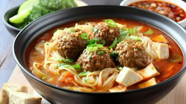 Meatball Soup with Noodles and Tofu