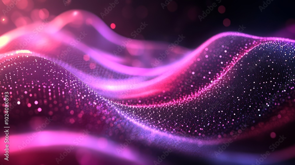Poster abstract gradient hologram dynamic wave of particles. digital wallpaper technology background