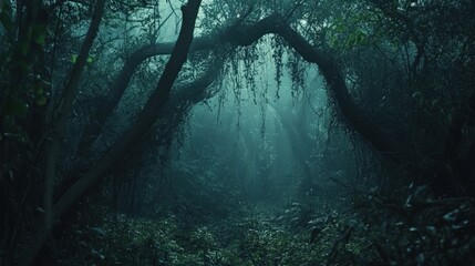 A mysterious, misty forest path disappearing into the distance, with thick foliage and branches overhead.