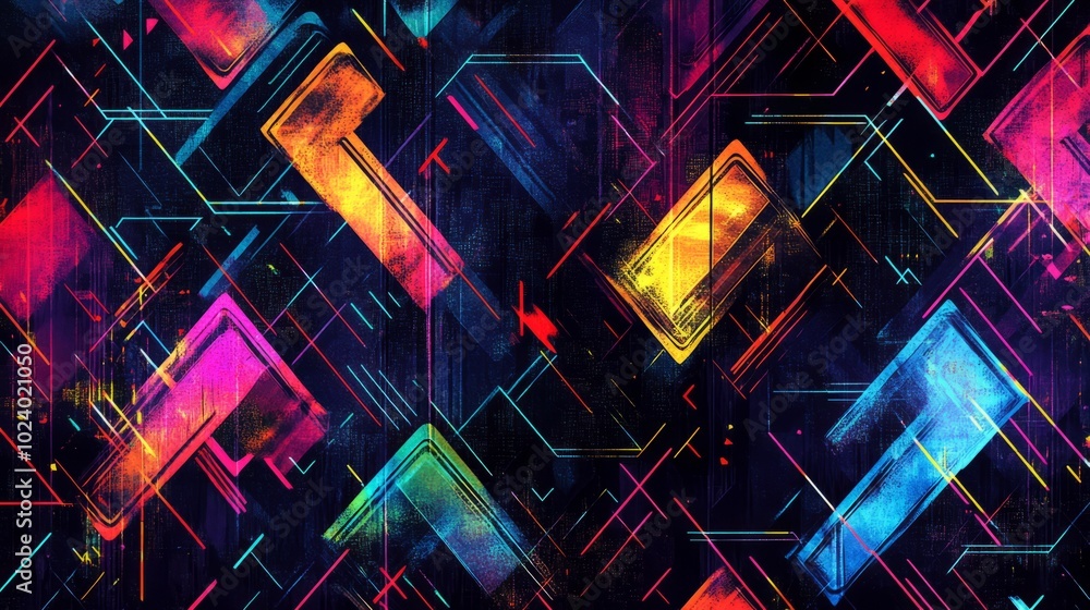 Poster abstract pattern with colorful neon arrows and geometric shapes on a dark background