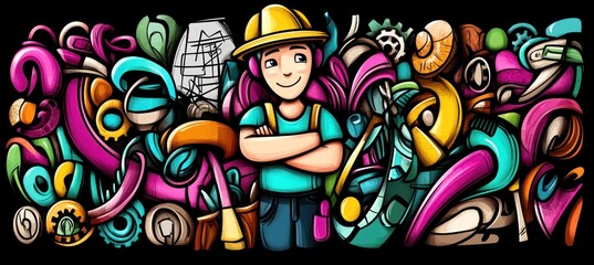 Fototapeta premium A cheerful construction worker stands among colorful tools and materials, symbolizing creativity.