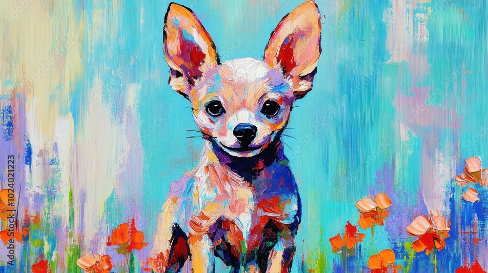 Sticker A vibrant painting of a Chihuahua surrounded by colorful flowers.