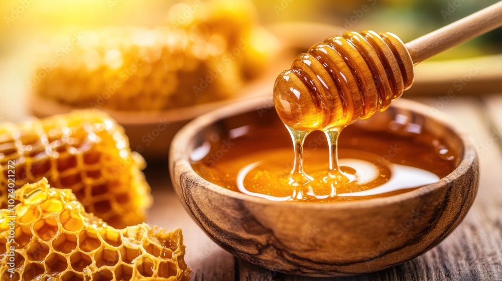 Poster A bowl of honey with a honey dipper, surrounded by honeycomb, showcasing natural sweetness.